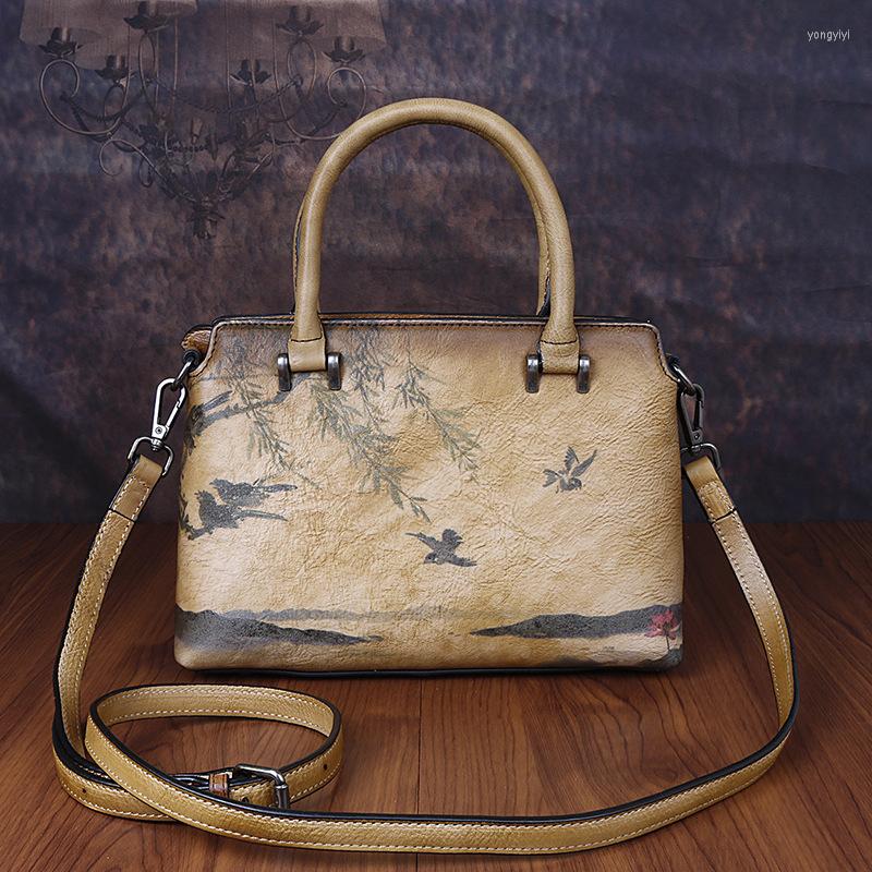 

Evening Bags Chinese Wind Hand-Painted High Quality Women's Handbags Summer Leisure Chic Large Capacity Cowhide Shoulder