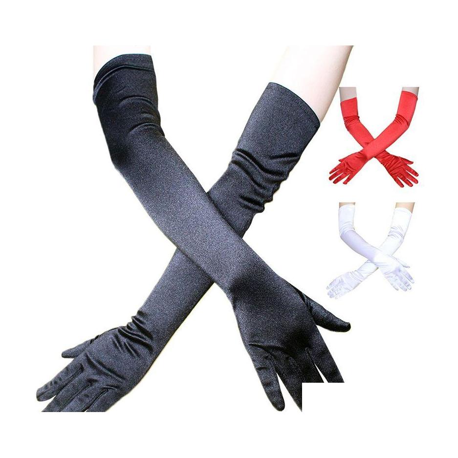 

Five Fingers Gloves Classic Adt Black White Red Skin Wrist Stretch Satin Finger Long Women Dance Flapper Matching Costume Drop Deliv Ot21F