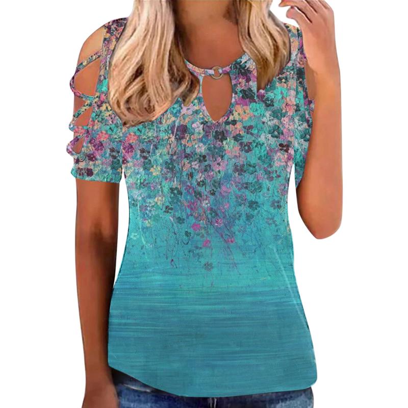 

Women' Blouses & Shirts Women Hollow Out Short Sleeve Crewneck Cold Shoulder Casual Sexy Summer Loose Comfortable Ropa Mujer VeranoWomen, Blue