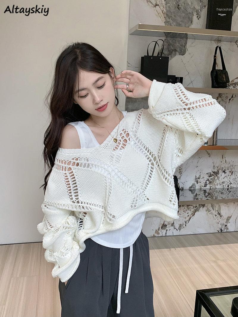 

Women's Sweaters Hollow Out Pullovers Women V-Neck Design Bohemian Style Casual All-match Loose Retro Comfort Simple Knitwear Girlish Solid, White pullover