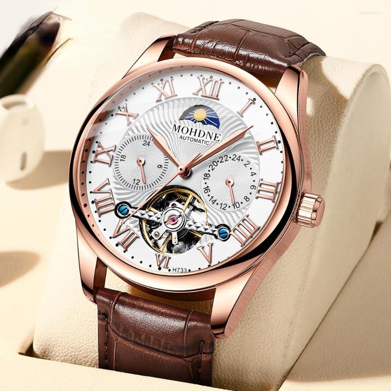 

Wristwatches Men's Mechanical Watch Automatic Hollow Tourbillon Moon Phase Business Leather Waterproof Male Clock Relogio Masculino