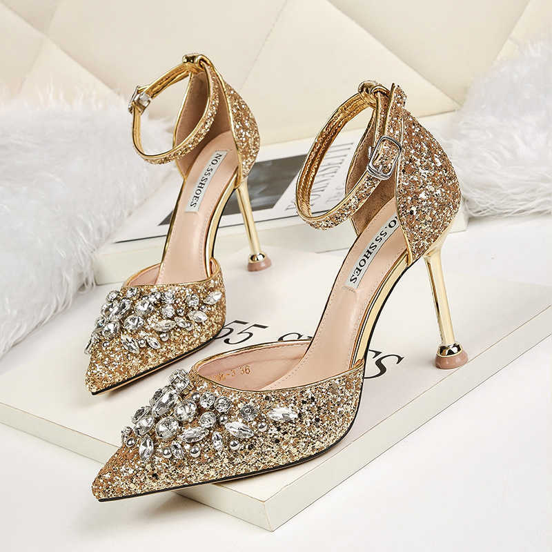 

Dress Shoes Transparent high-heeled shoes women's spring 2022 new one-word buckle stiletto heel temperament sexy single shoes sandals G230203, Gold