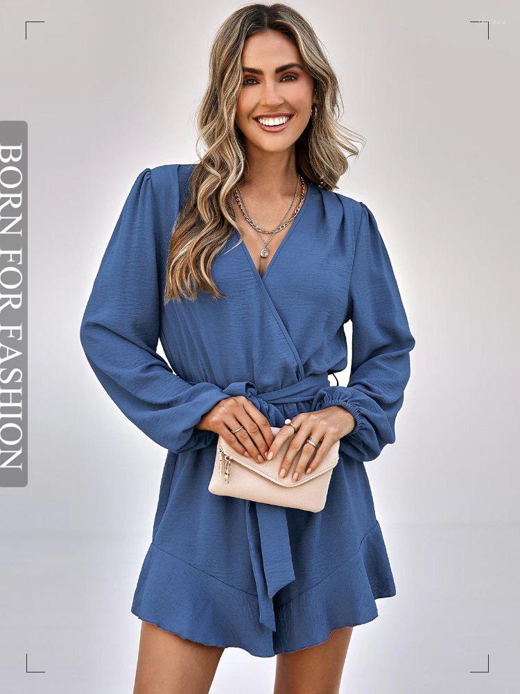 

Casual Dresses Women V-neck Autumn Mini Elegant Long Sleeve Ruffles Belt A-Line Chiffon Party Dress Chic Night Clubwear Female Clothes, Khaki