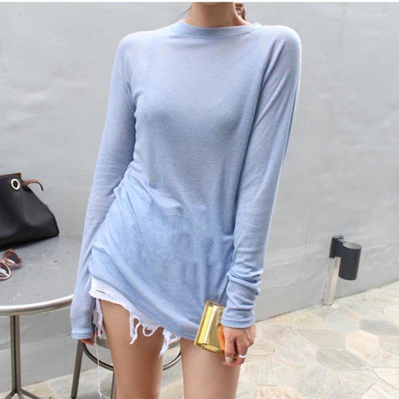 

Women's T Shirts Korean Fashion Woman Blouses 2023 Spring Summer Clothes For Women O-Neck Long Sleeve Top Camisas De Mujer Chic Basic Bery22, Deep blue
