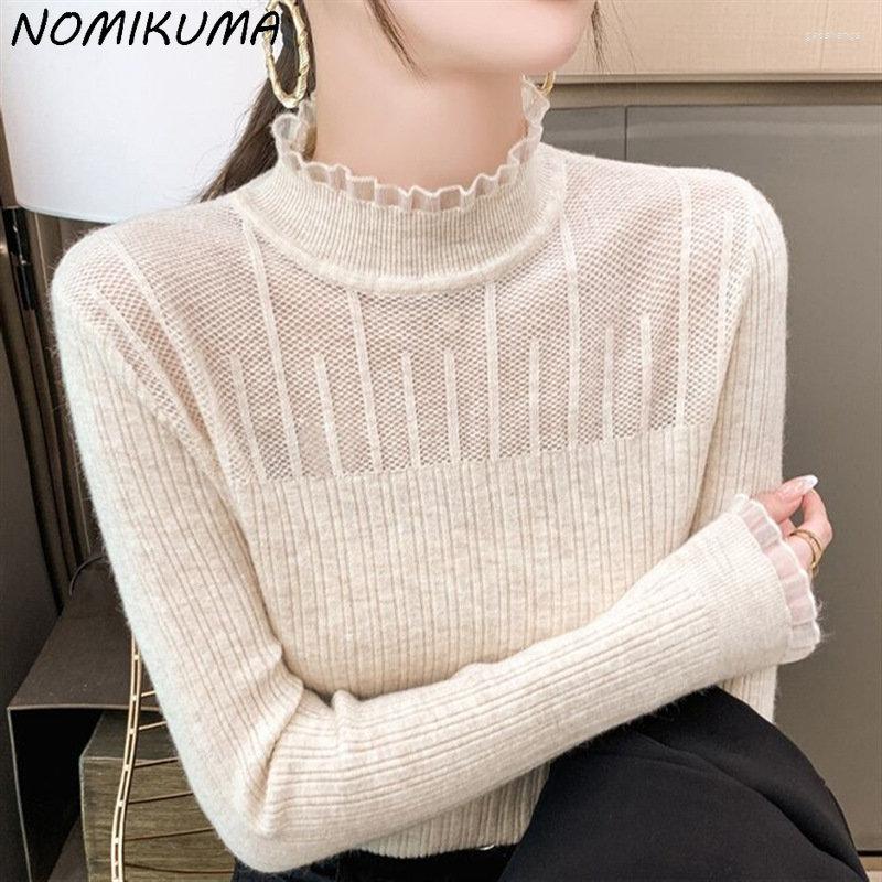 

Women's Sweaters Nomikuma Half High Collar Knitwear Women Autumn Winter Bottoming Chic Lace Patchwork Long Slevee Slim Stretch Knit Tops, Black