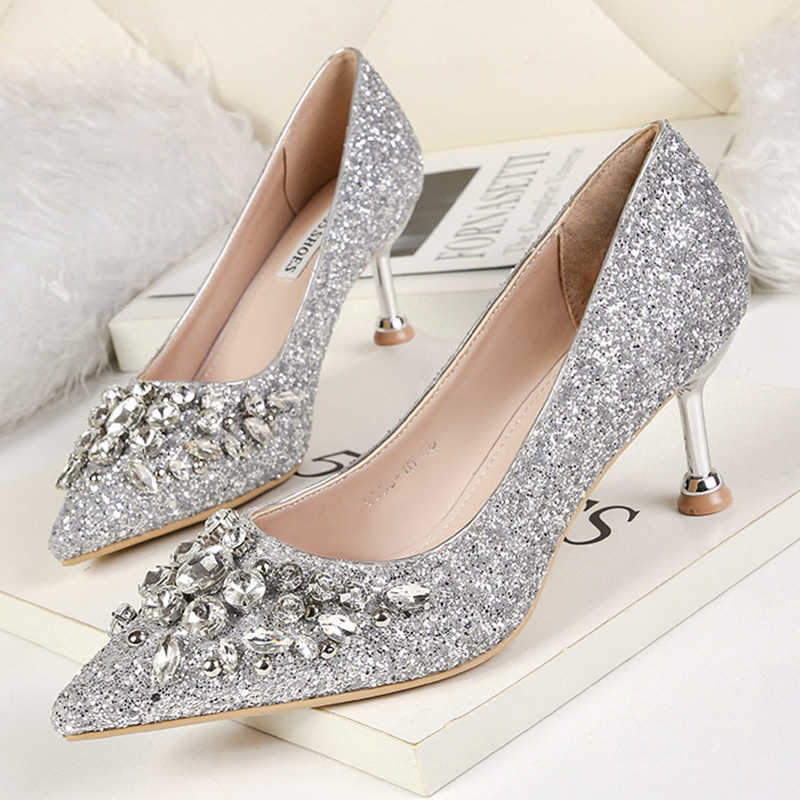

Dress Shoes comemore 2021 New Rhinestone Women Pumps Sequins Women's Gold Silver Wedding Shoes Female Slip-on Pointed Toe Thin High Heels 40 G230203, Red 9.5cm