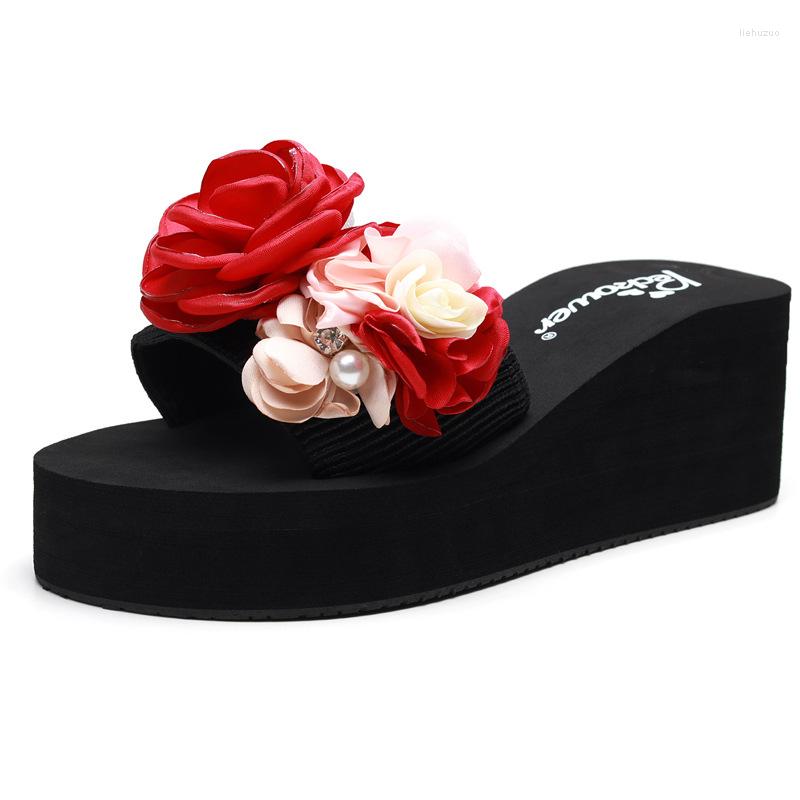 

Slippers 2023 6cm 3cm High Heels Women's Wedges Flower Slip-on Beach Slides Female Outside Sandals, 3cm high red