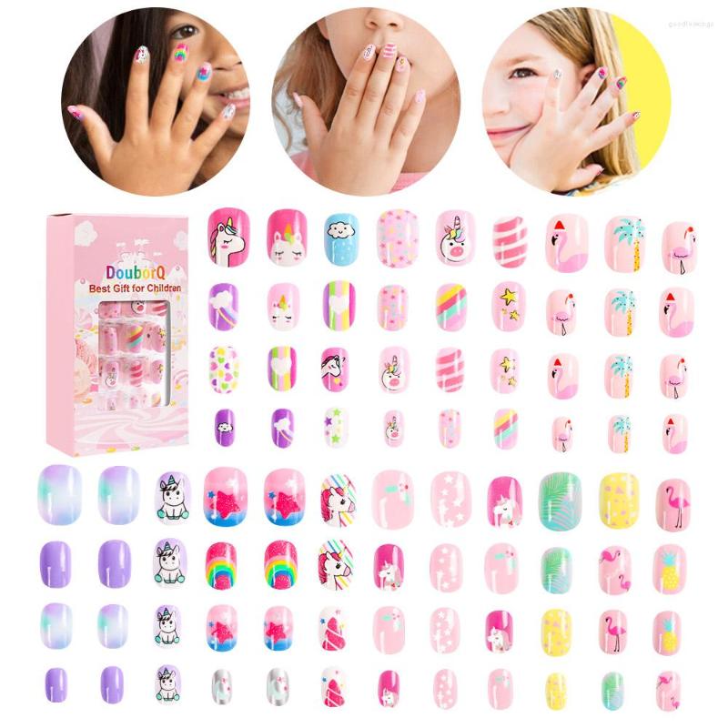 

False Nails 84pcs/box Children Cartoon Tips Press On Nail Full Cover Kid Glue Self Fake Art For Girls Manicure, Multi