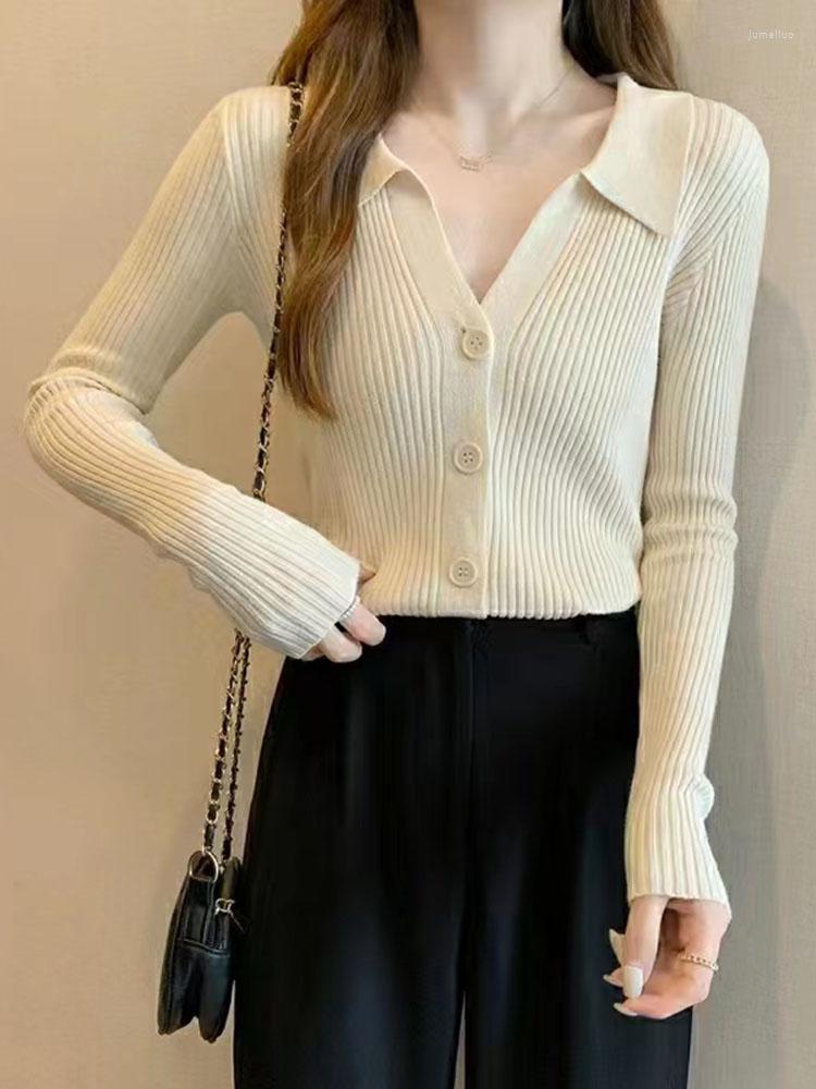 

Women's Knits Turn Down Collar Sweater Cardigan Women Korean Woman Clothes 2023 Autumn Winter Long Sleeve Top Slim Knitted Sweaters Pull, Black