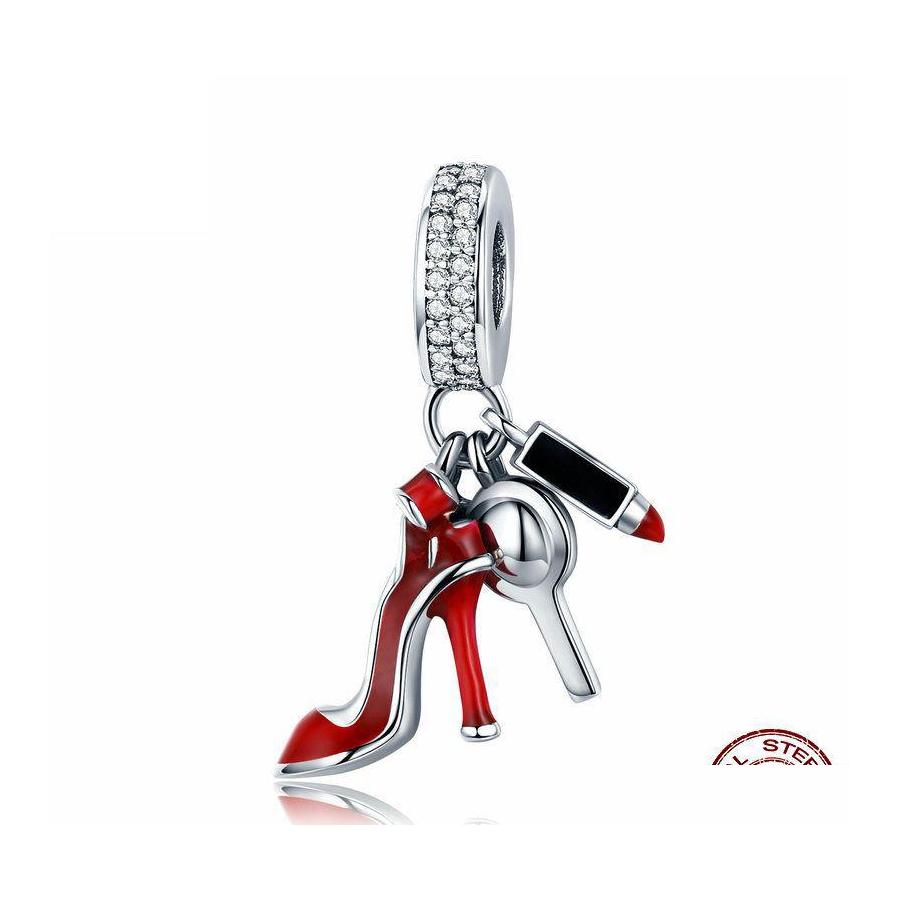 

Silver 100 925 Sterling Sier Women Red High Heels Shoes Mirror Makeup Pendant Charm Cz Spacer Beads Fit Bracelet Diy Jewelry Gift Dr Otm5W