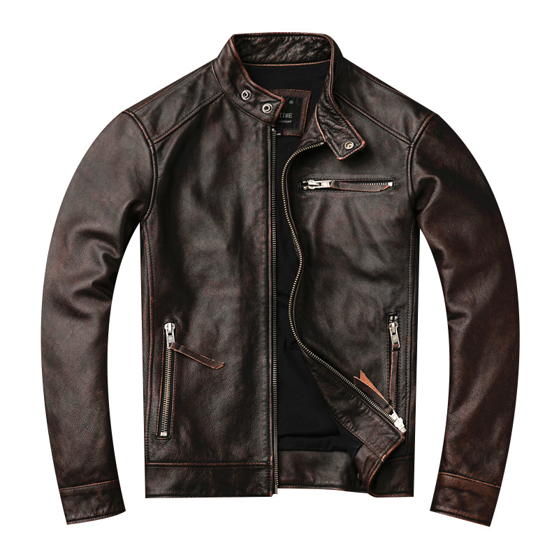 

motorcycle leather jacket fashion jackets vintage coats stand collar brown tops slim fit outerwear biker bomber overcoat plus size 4XL 5XL, Brown asian size