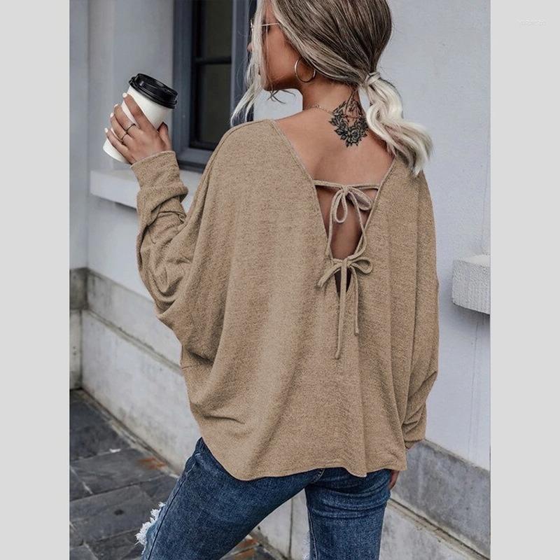 

Women' T Shirts Oversized Loose Casual O-neck Tee Tops Women Autumn Solid Color Sexy Backless T-shirts Winter Ladies Long Sleeve Blouses, Khaki