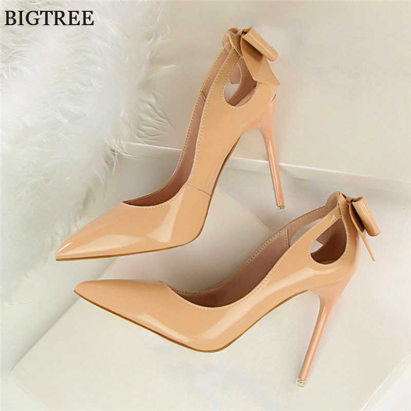 

Dress Shoes Spring Patent Leather Fashion Bowtie Women's Shoes Back Heel Cut-Outs Sexy Pumps Female High Heels Pointed Toe Dress Party Shoes G230203, Nude