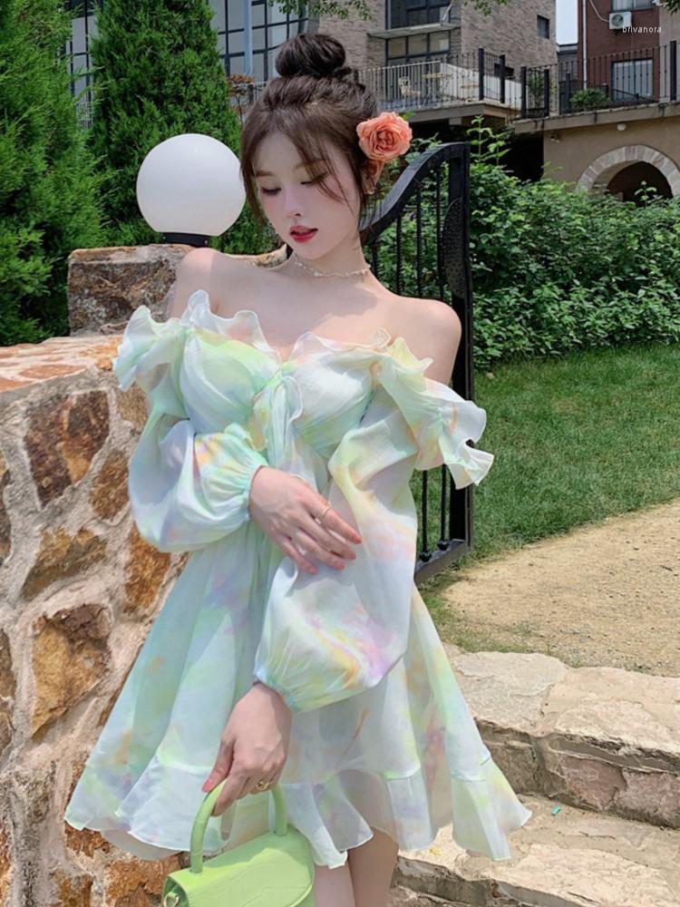 

Casual Dresses Summer Printed Short Skirt Niche Design French Sweet Long-sleeved Dress Temperament Super Fairy Princess Fluffy, Green