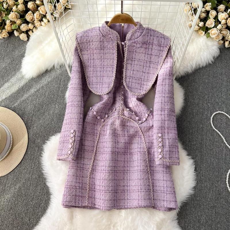 

Casual Dresses Autumn And Winter Elegant Retro Temperament Fake Two-Piece Dress Stand-up Collar Cinched Slimming Tweed A-Line For Ladies, Purple