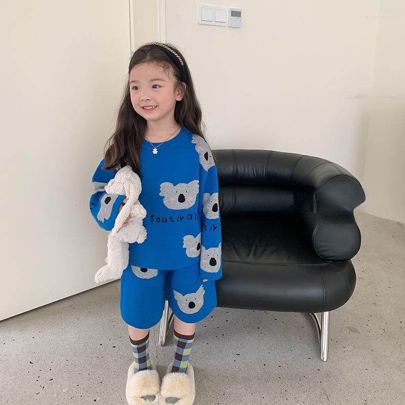 

Clothing Sets Autumn Kids Sweaters Flocking Loose Knitwear Outfits Boys And Girls Cartoon Knitted Pullover Knee Length Pants 2pcs, Blue