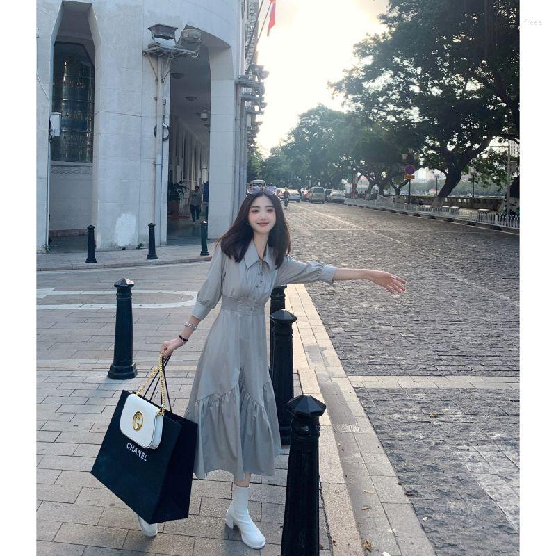 

Casual Dresses Gentle Temperament Pure Desire Dress Design Waist Three Quarter Sleeve Turn Down Collar Medium Length Female, Gray
