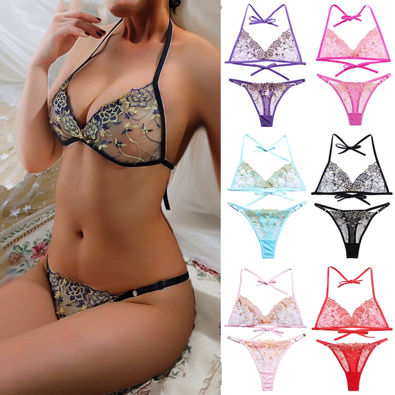 

Women Floral Lingerie Set Bralette Bras G-string Underwear Sleepwear Two Pieces Embroidery Lingerie Pajamas Set, Red