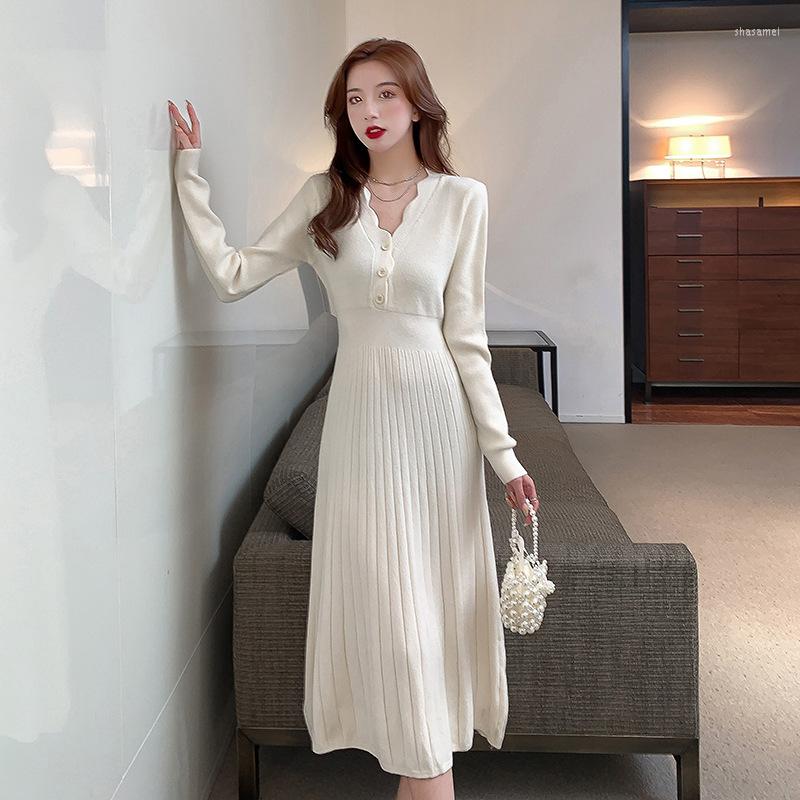 

Casual Dresses Retro V-neck Knitted Dress Women's Waist Slim Lace Collar Pleated One Piece Autumn Winter Robe Vestido, Black