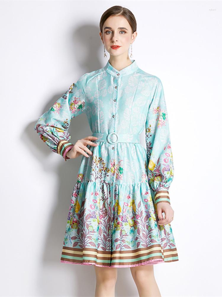 

Casual Dresses Fashion Runway Autumn Flower Dress Women' Stand Collar Lantern Sleeves Striped Floral Printed Sashes Single-Breasted, Green