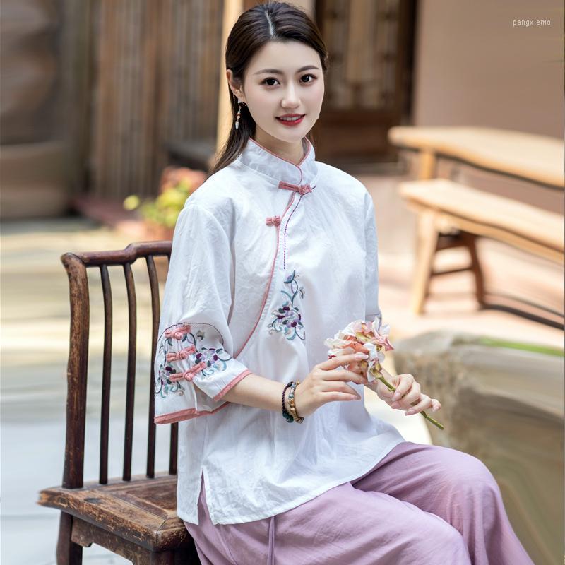 

Ethnic Clothing 2023 Autumn Chinese Style Cotton Linen Blouse Women Graceful Cheongsam Top Oriental Vintage Embroidery Hanfu A450
