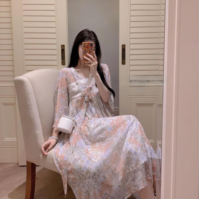 

Casual Dresses 2023 Vintage Midi Dress Women Floral Printing Chiffon Elegant Fairy Autumn Korean One-piece Temperament, Floral dress