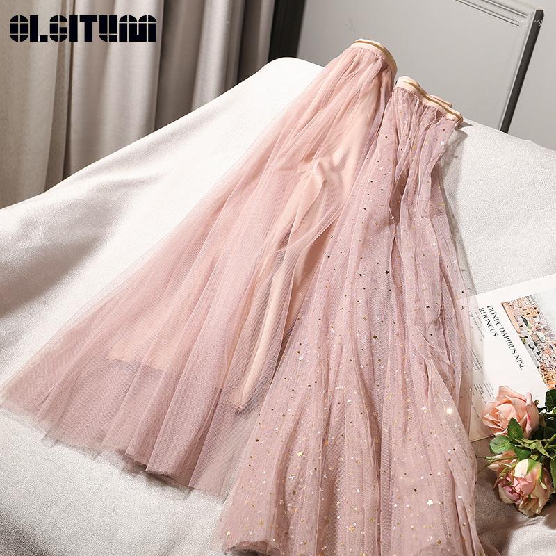 

Skirts 2023 Spring Tulle Women Shining Star Mesh Skirt Pleated Long A-line Midi Femme SK297, Beige