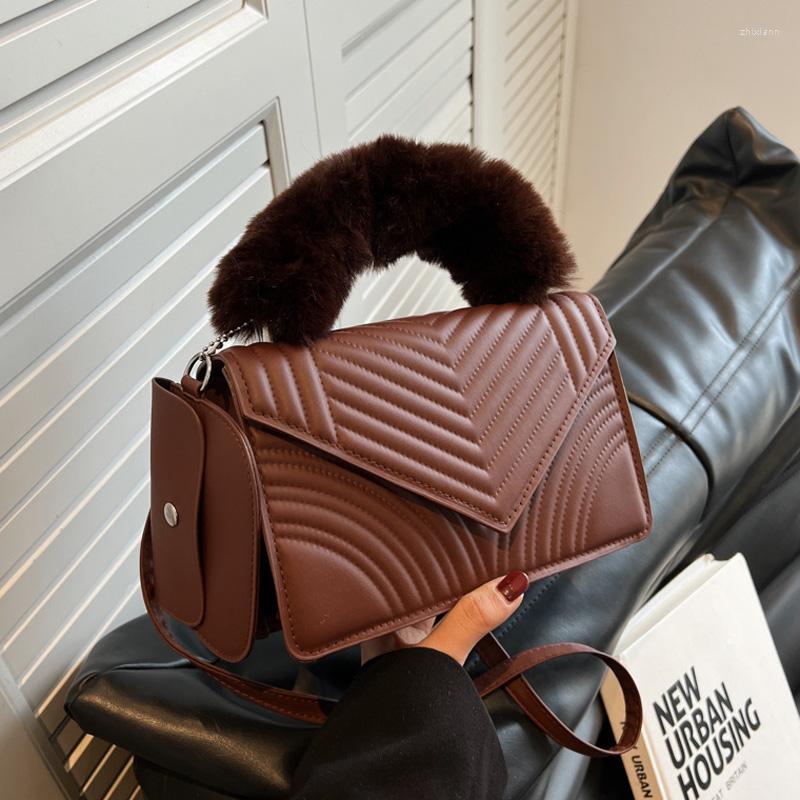 

Evening Bags Fashion Designer Shoulder Bag Women Plush Handle Handbag And Purses Striped Pu Leather Crossbody, Black