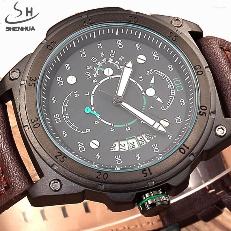 

Wristwatches SHENHUA Sport Military Skeleton Mechanical Automatic Watch Men Watches Brand Leather Luxury Business Relogio Masculino, 2 without box