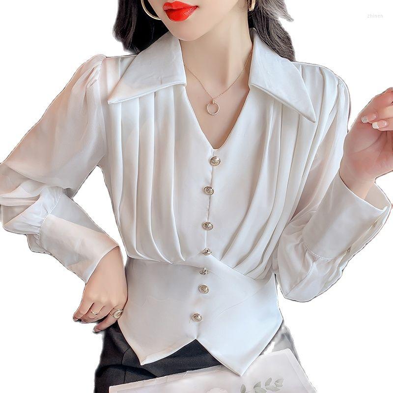 

Women' Blouses Black White Long Sleeved Irregular V-Neck Spring Autumn Top Shirts Fashion 2023 Vintage Clothes For Women Female