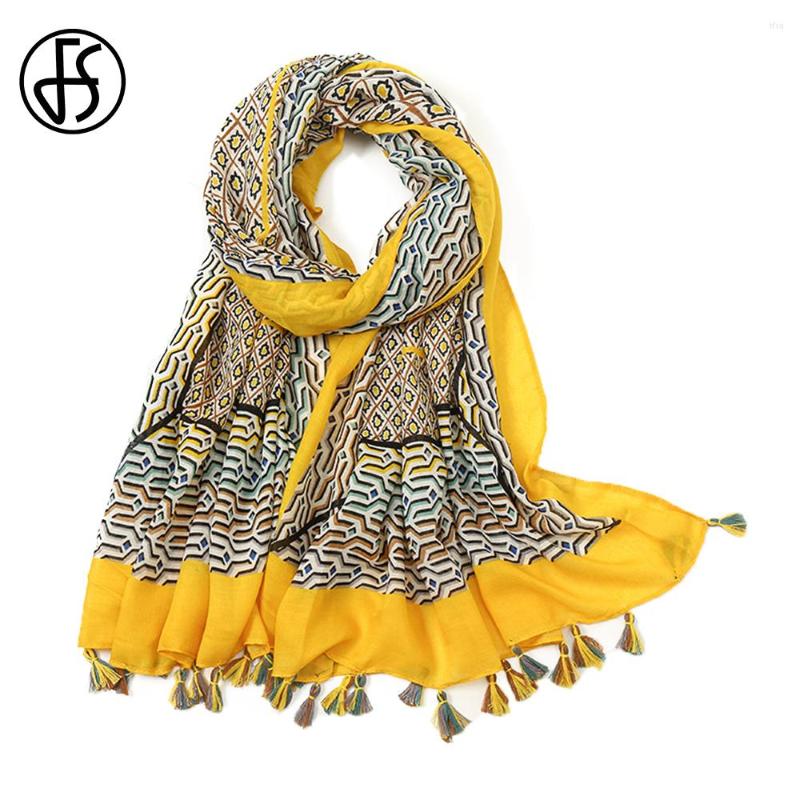 

Scarves FS Yellow Korean Literary Geometric Print Voile Tassels Soft Elegant Ladies Shawl Sun Protection Warm Winter Scarf For Women