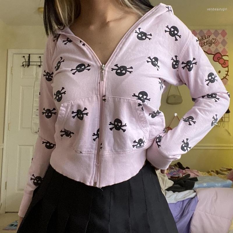 

Women' Hoodies Mall Goth Grunge 00s Vintage Sweatshirts Cute Pink Skull Print Zip Up Hoodie E-girl Gothic Retro Cropped Jacket Coat Y2K, Beige