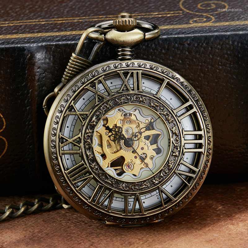 

Pocket Watches Retro Mechanical Watch With Chain Unique Roman Numerals Hollow Bronze Sculpture Hand Wind Mens