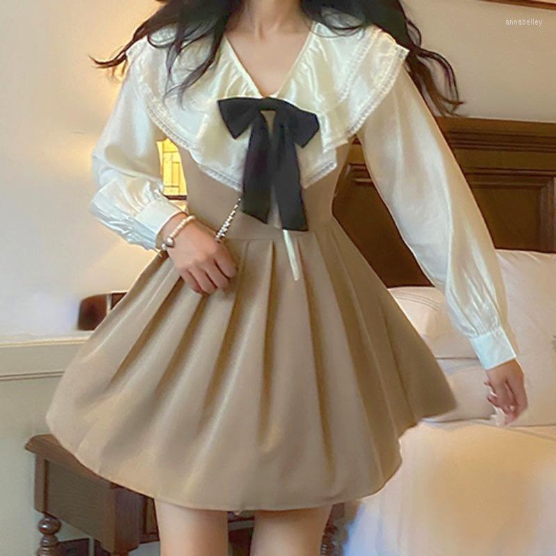 

Casual Dresses HStar Women Korean Style Sweet Party Mini Dress Winter Kawaii Two Piece Set Female Patchwork Pleated Lolita Blouse, Khaki set