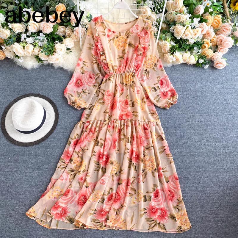 

Casual Dresses Bohemian Summer Women Chiffon Long Dress Sleeve High Waist Floral Print Beach Maxi 2023 Robe Mujer, Picture color