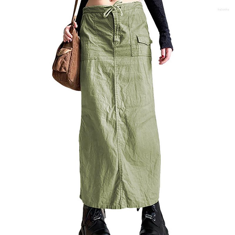

Skirts Women Long Cargo Fall Winter Y2k Clothes Harajuku Solid Color Split Side Pockets Tie-Up Female Clothing Streetwear