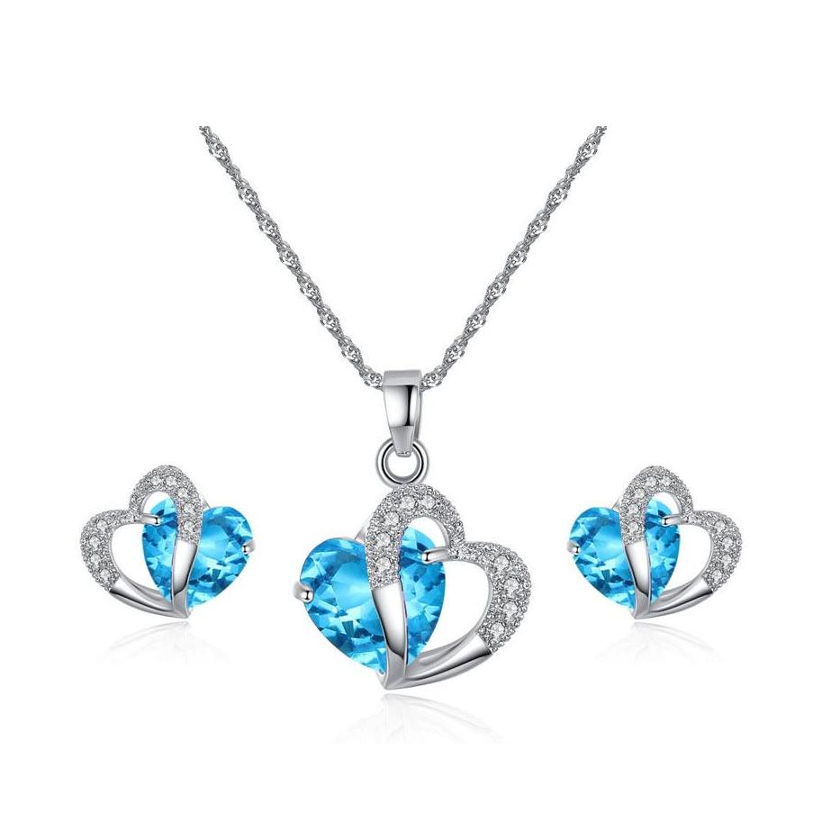 

Earrings Necklace Austrian Crystal Jewelry Set Cubic Zirconia Cz Double Heart Shape Pendant Stud Sets For Women Luxury Gift Drop De Otvtr, Silver