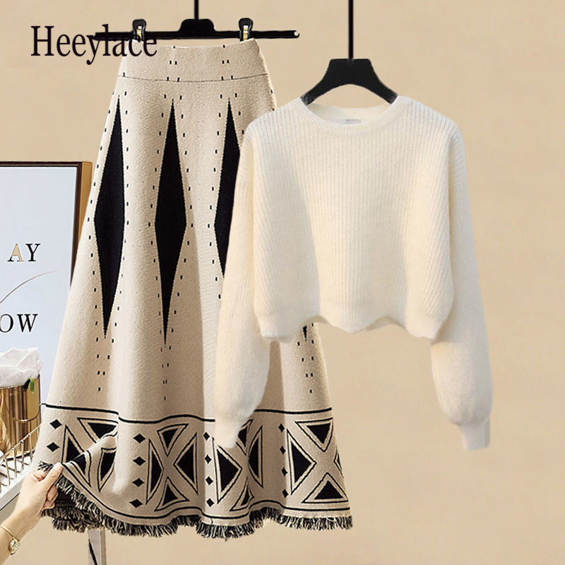 

Two Piece Dress Women Autumn Winter Warm Knitted Two Pieces Sets Korean Long Sleeve Pullover Sweater Top And High Waist Skirts Sets 230203, Skirt one piece