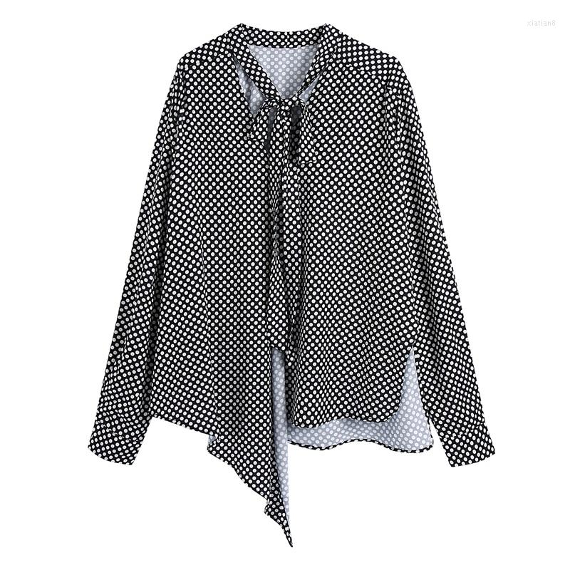 

Women's Blouses ZXQJ Women 2023 Fashion Hollow Out Polka Dot Loose Asymmetry Vintage Bow Tied Collar Long Sleeve Female Shirts Mujer, Picture shown