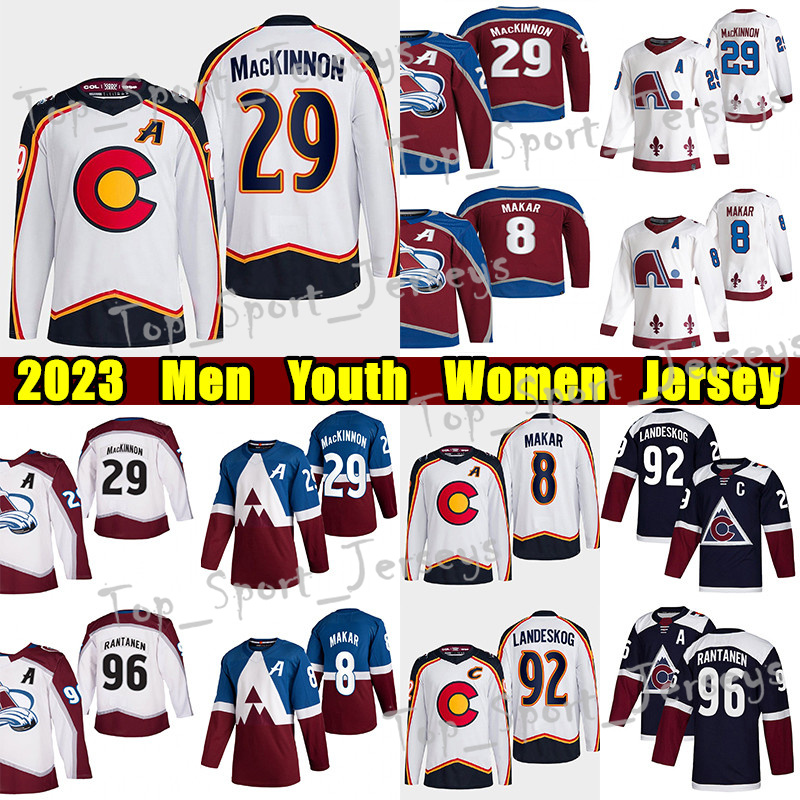 

#29 Nathan MacKinnon Reverse Retro hockey jersey #8 Cale Makar #96 Mikko Rantanen Gabriel Landeskog Joe Sakic Bowen Byram Joe Sakic Valeri Nichushkin jerseys, White new reverse retro youth