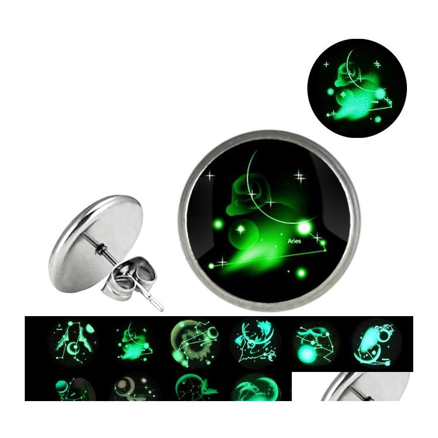 

Stud Glow In The Dark 12 Zodiac Sign Earrings For Women Glass Constellation Stainless Steel Hypoallergenic Sier Ear Rings Fashion Dr Ottm0