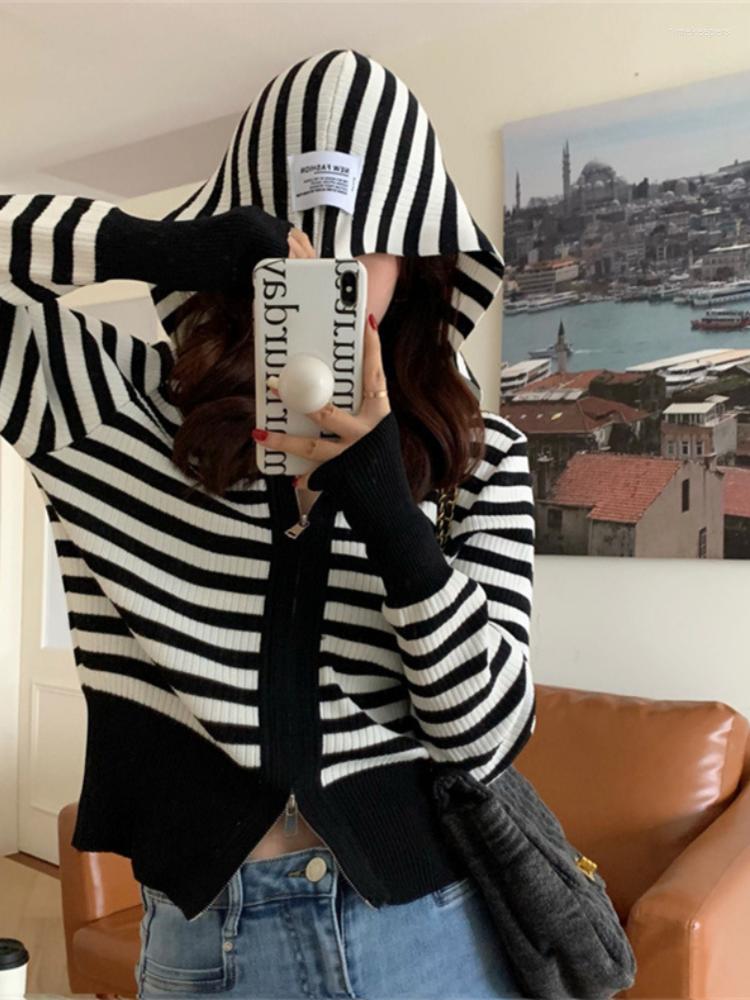

Women's Knits HsaSexy Zipper Hooded Sweater Women Striped 2023 Spring Autumn Female Knitted Cardigans Long Sleeve Chic Korean Tops, Lm19164-j beige