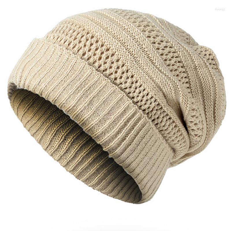 

Berets Men's Solid Color Knit Winter Warm Cap Striped Thicken Slouch Beanies Hats Beige Black Gray Navyy Brown