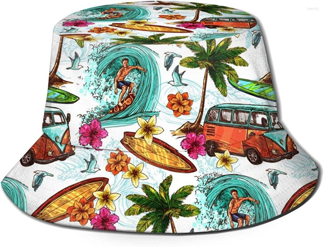 

Ball Caps Hawaiian Palm Trees Flowers Surf Boards Print Bucket Sun Hat For Men Women UV Protection Wide Brim Hats Packable Summer Cap, 11