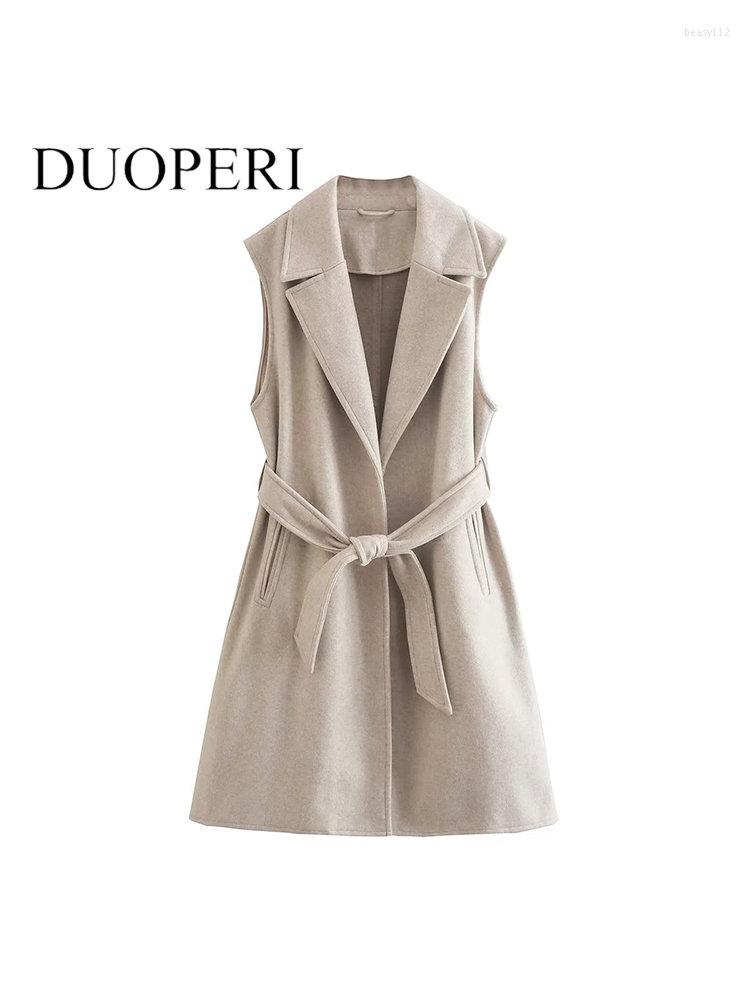 

Women' Vests DUOPERI Women Fashion Solid Waistcoat With Belt Vintage Sleeveless Turn Down Collar Female Outerwear Chic Top Outfits, Beige