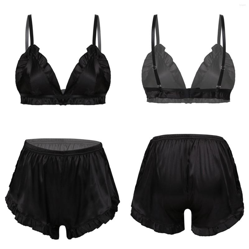 

Bras Sets Black Women Nightwear Set 2Pcs Satin Pajama Summer Ruched Sleepwear V-neck Wireless Unlined Bra With Elastic Waistband Shorts