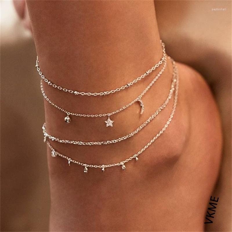 

Anklets VKEM Multilayer Star Moon Anklet Foot Chain Summer Bracelet Tassel Crystal Pendant Charm Sandals Barefoot Beach Bridal Jewe