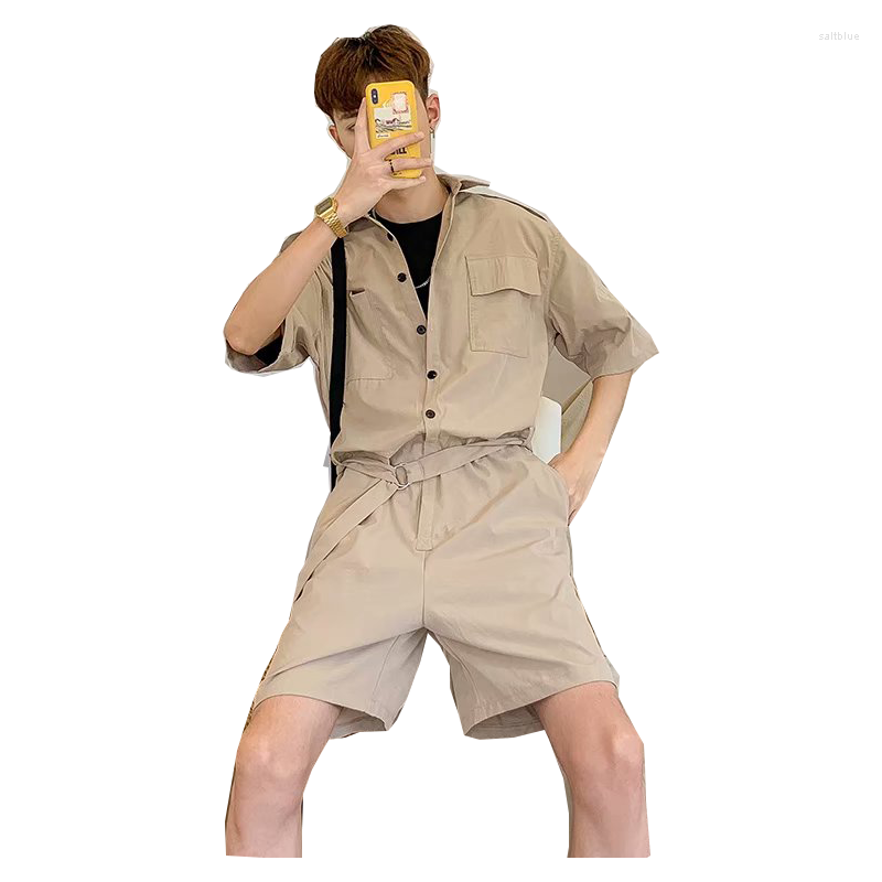 

Men' Pants Japanese Overalls Shorts Men' Retro Loose Five-point Short-sleeved One-piece, Black