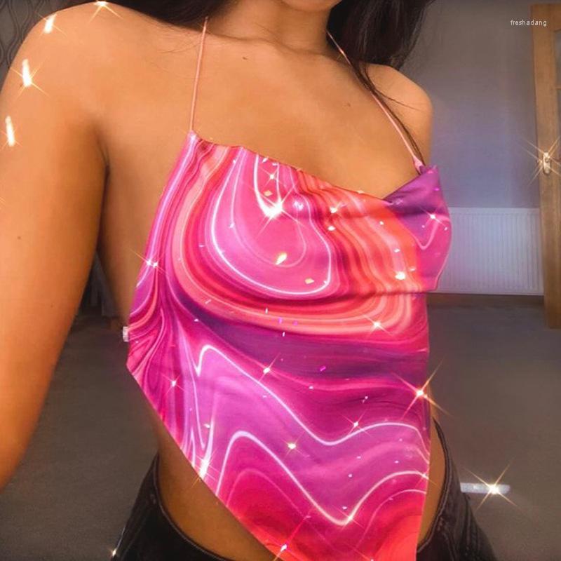 

Women' Tanks Y2K Paisley Print Halter Top Women Cami Sexy Backless Lace Up Summer Crop Tops Female Fashion Party Club Clothes For, Pink