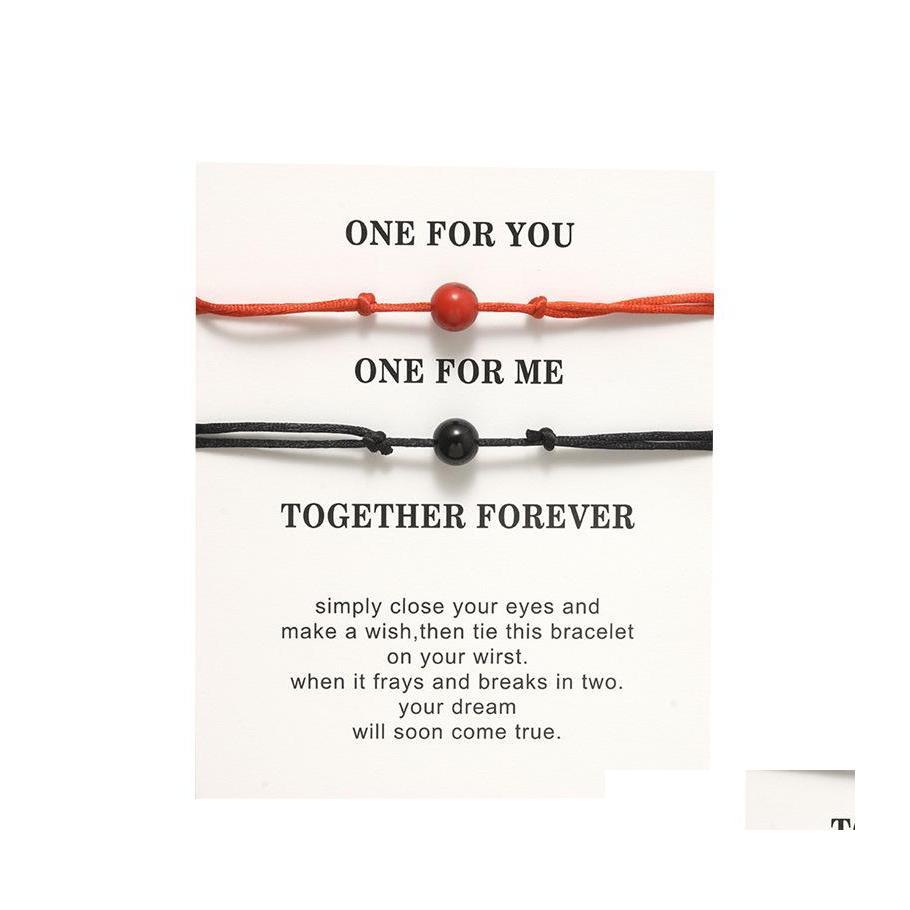 

Charm Bracelets 2Pcs/Set Fashion Beads Couple Bracelet With Card For Women Men Lovers Lava Rock Natural Stone Rope Chains Friendship Otfwb